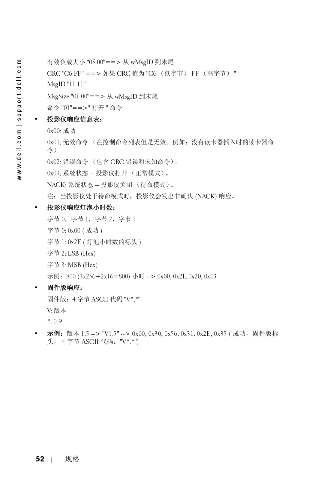 Dell 5100MP owner manual 投影仪响应信息表： 