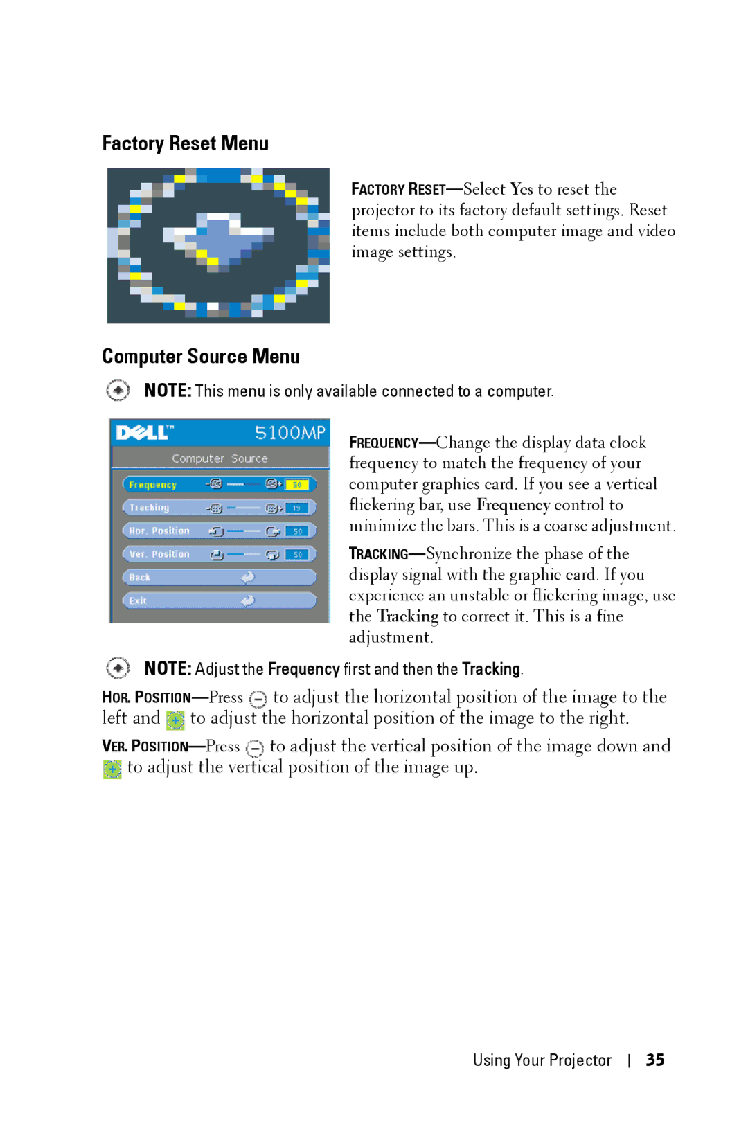 Dell 5100MP owner manual Factory Reset Menu 