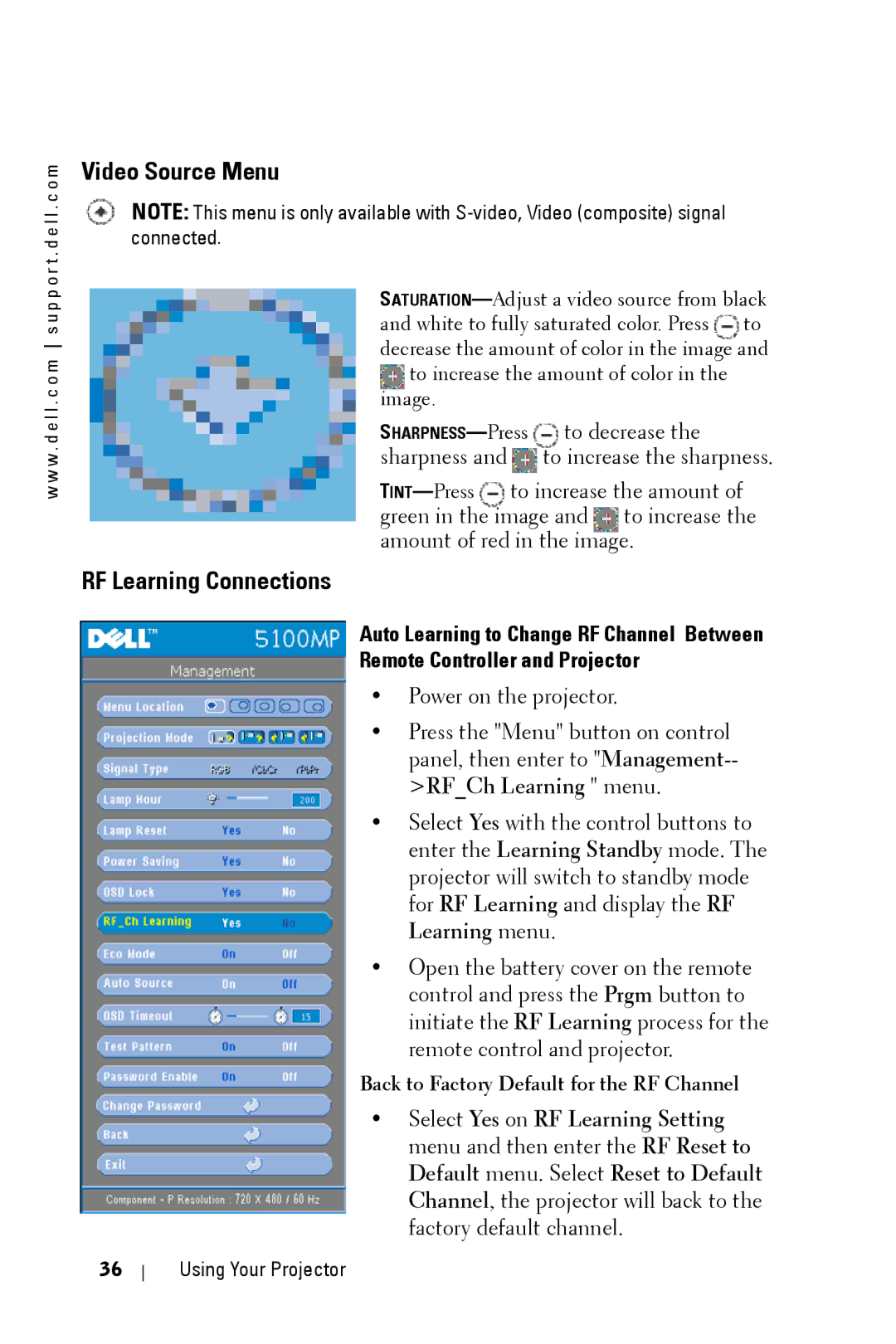 Dell 5100MP owner manual Increase the sharpness, Back to Factory Default for the RF Channel 