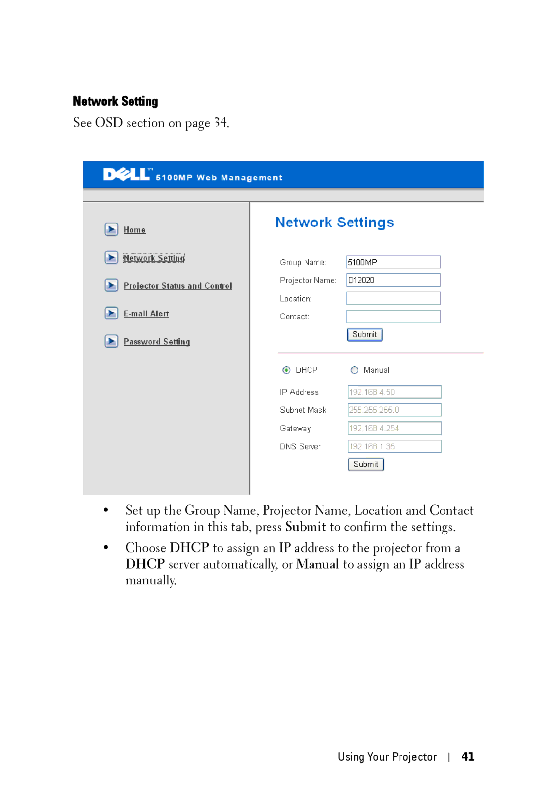 Dell 5100MP owner manual Network Setting 