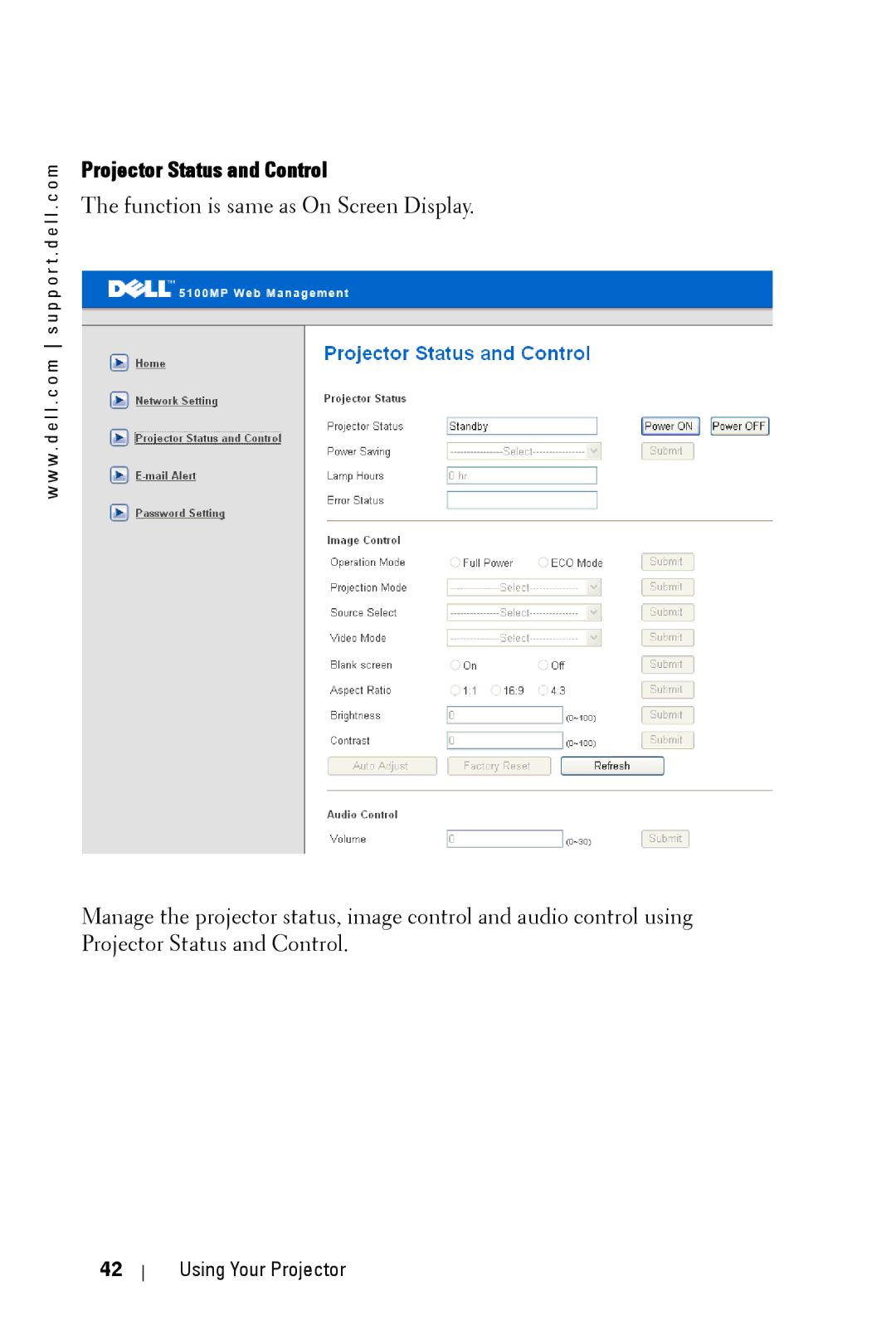 Dell 5100MP owner manual Projector Status and Control 