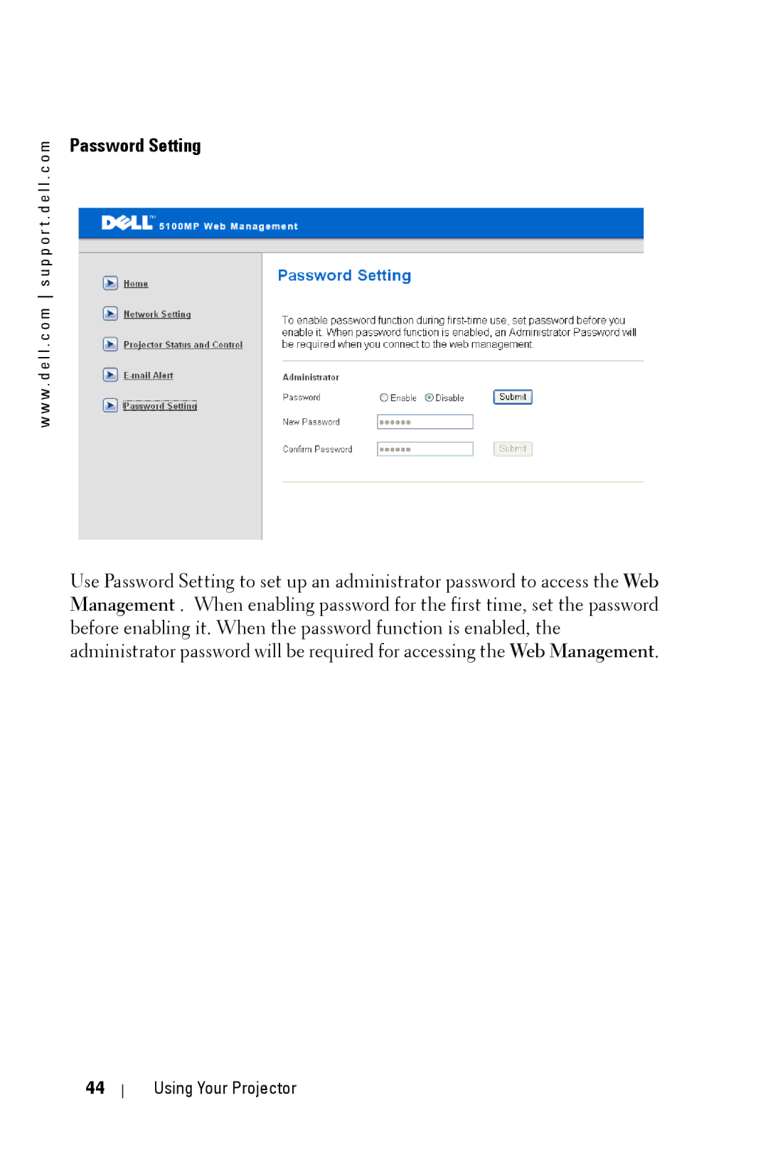 Dell 5100MP owner manual Password Setting 