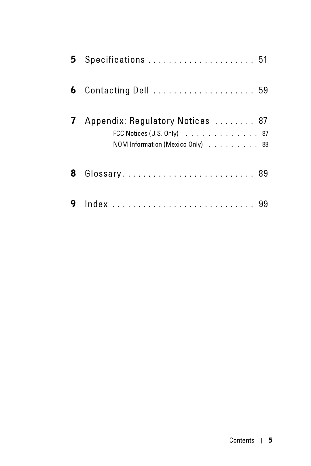 Dell 5100MP owner manual Specifications Contacting Dell Appendix Regulatory Notices 