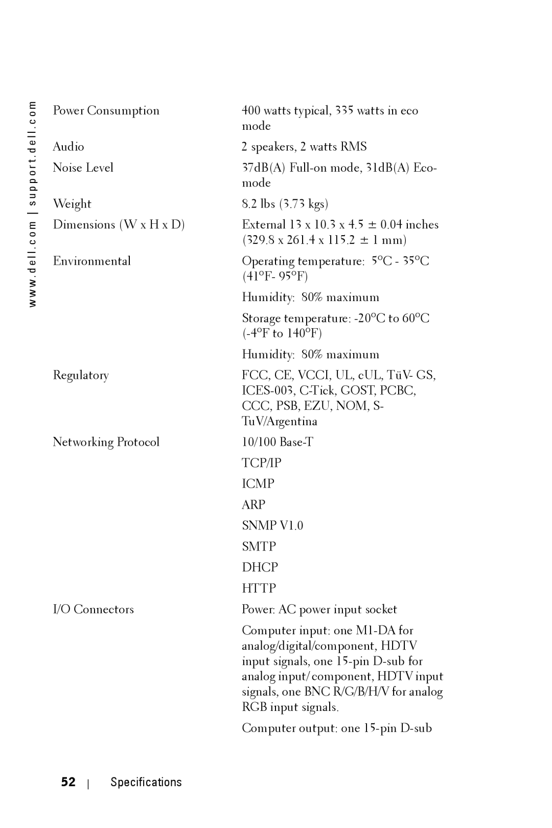 Dell 5100MP owner manual TuV/Argentina, Networking Protocol 10/100 Base-T 