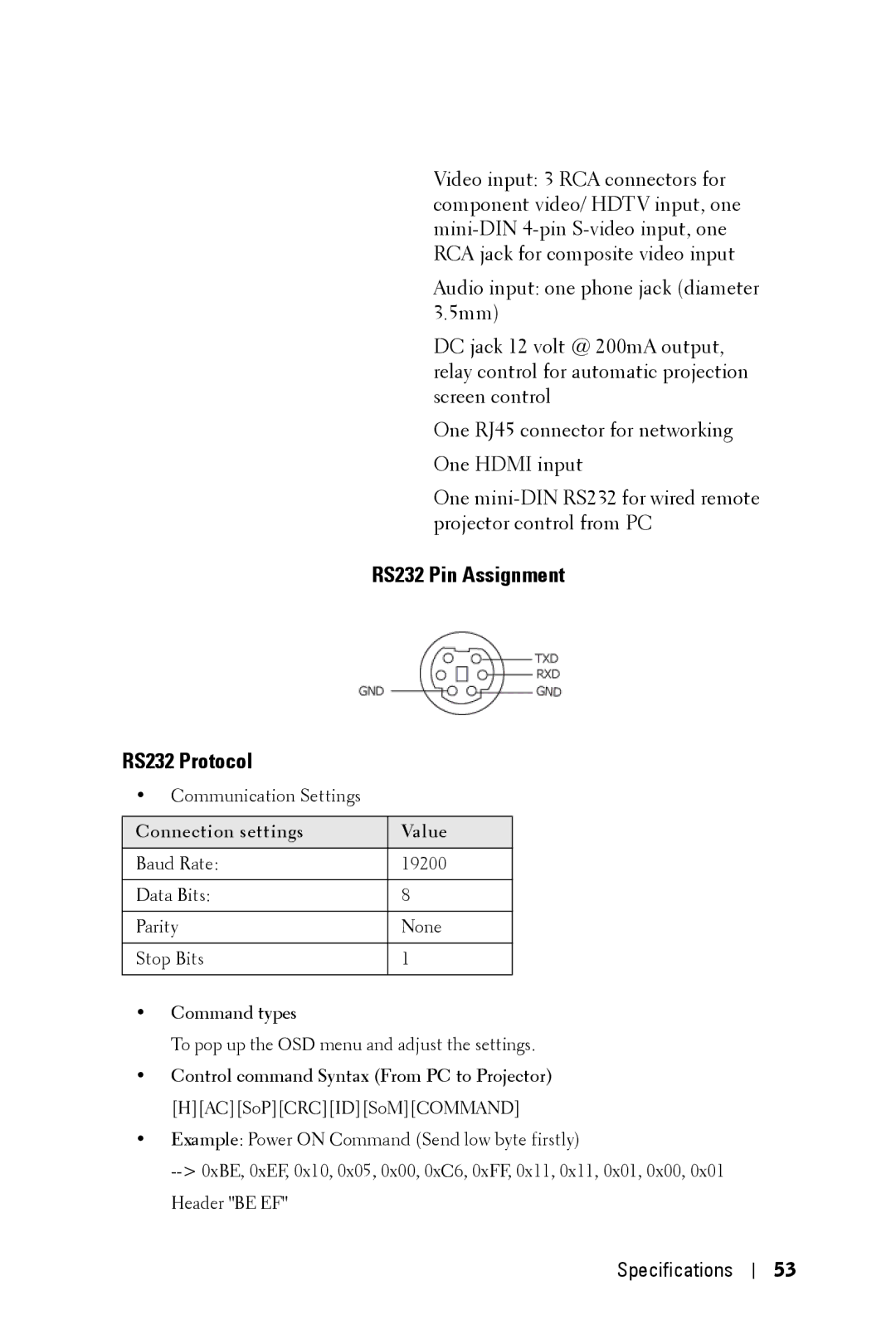 Dell 5100MP owner manual RS232 Pin Assignment RS232 Protocol, Command types 