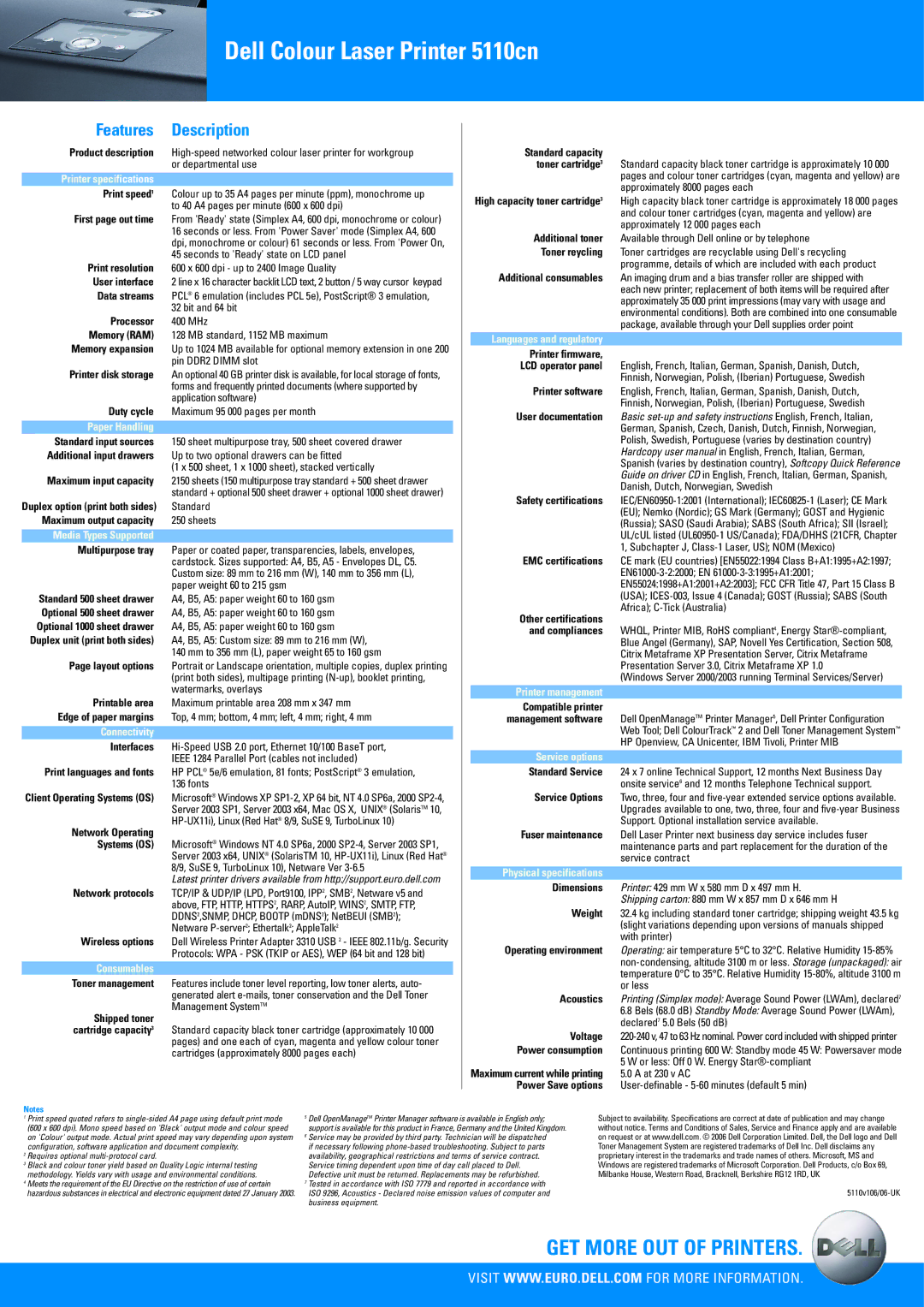 Dell 5110cn Printer specifications, Paper Handling, Media Types Supported, Connectivity, Consumables, Printer management 