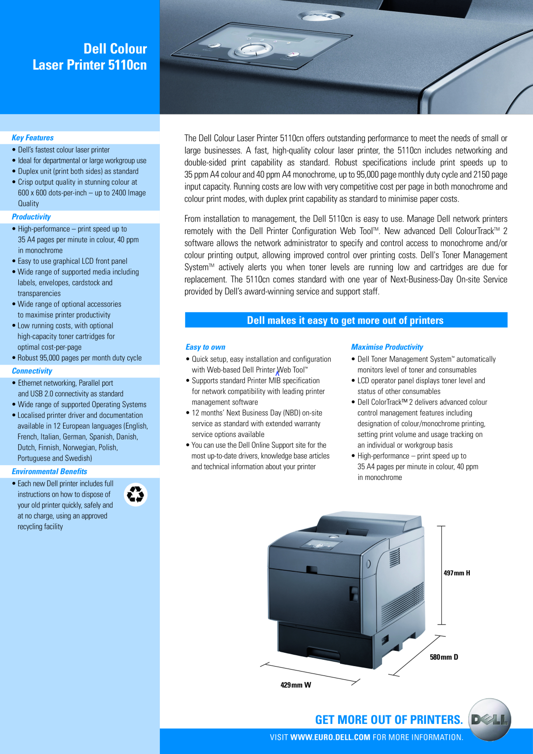 Dell specifications Get More Out Of Printers, Dell Colour Laser Printer 5110cn, Key Features, Productivity, Easy to own 