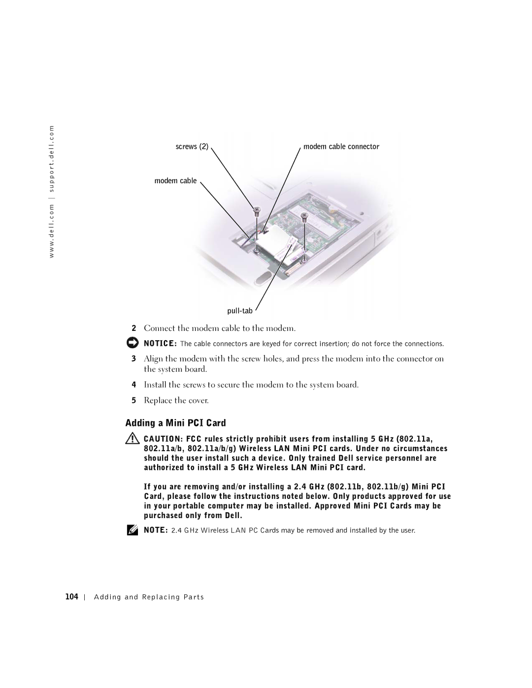 Dell 5150, 5100, PP08L, PP07L owner manual Adding a Mini PCI Card, Screws, Modem cable Pull-tab 