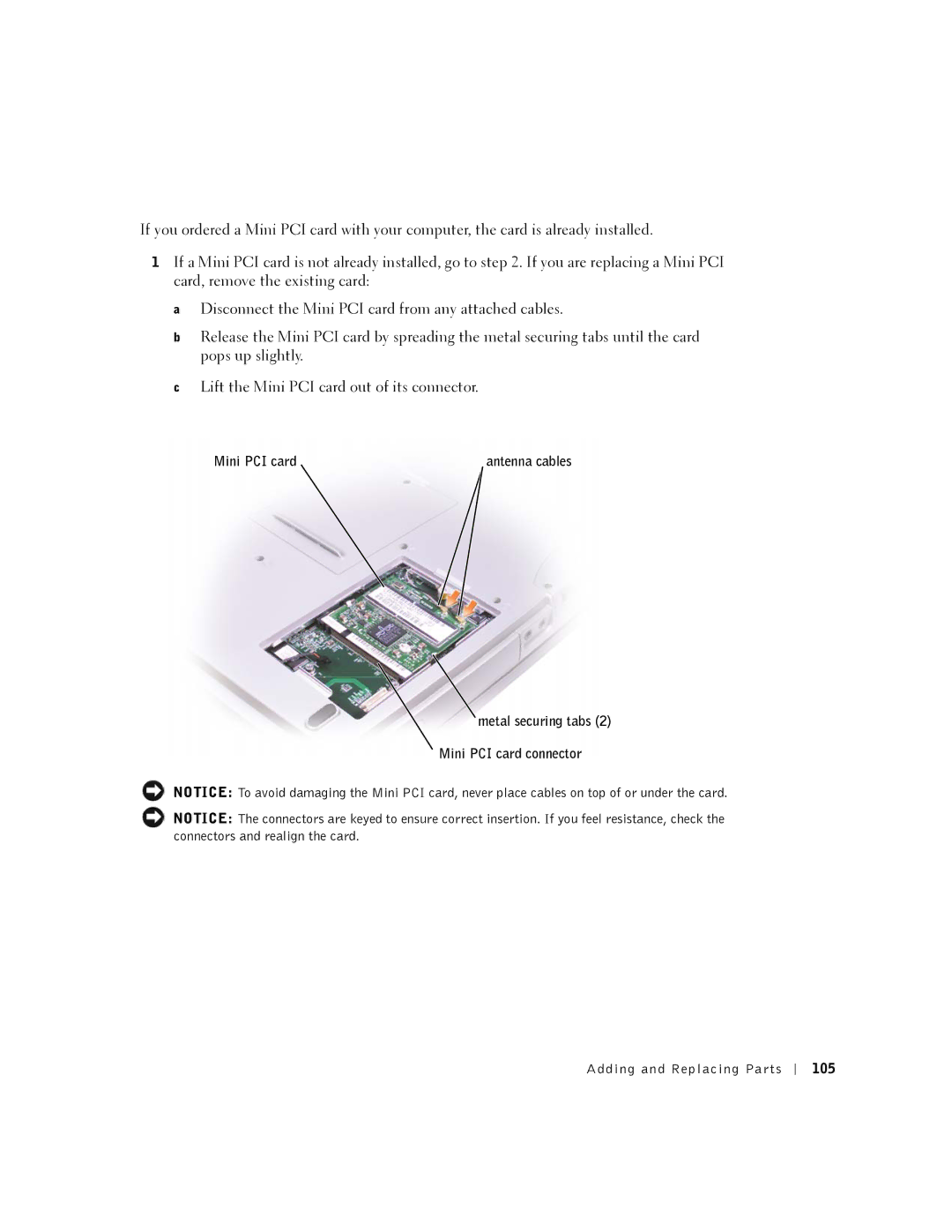 Dell 5100, 5150, PP08L, PP07L owner manual Metal securing tabs 2 Mini PCI card connector, 105 