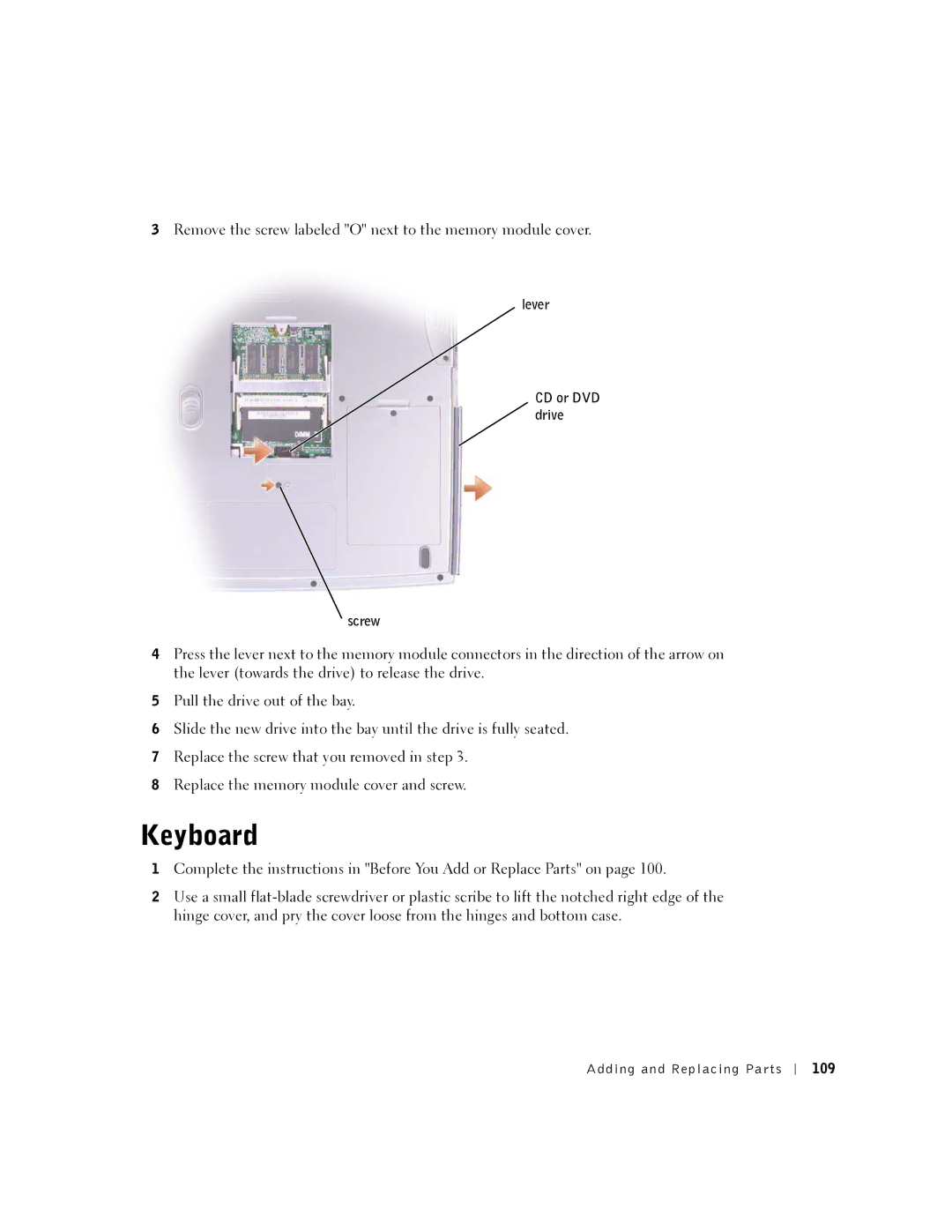 Dell 5100, 5150, PP08L, PP07L owner manual Keyboard, Lever CD or DVD drive Screw 