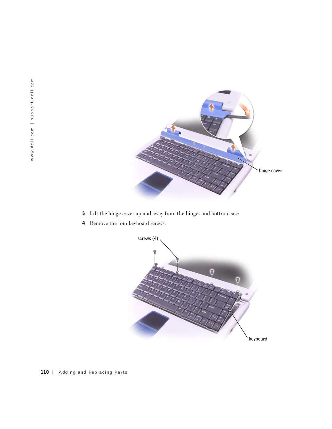 Dell PP08L, 5150, 5100, PP07L owner manual Hinge cover, Screws Keyboard 110 