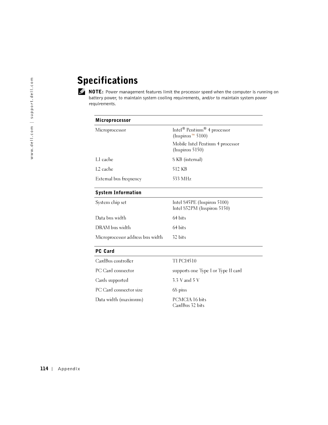 Dell PP08L, 5150, 5100, PP07L owner manual Specifications, Microprocessor, System Information, PC Card 