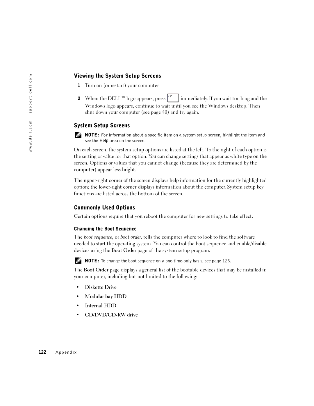 Dell PP08L, 5150, 5100, PP07L Viewing the System Setup Screens, Commonly Used Options, Changing the Boot Sequence, 122 