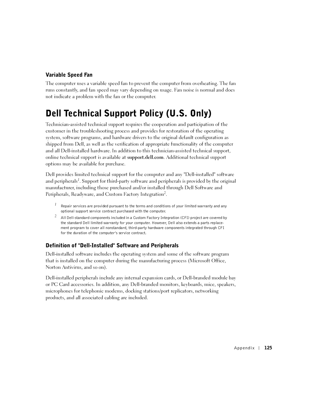 Dell 5100, 5150, PP08L, PP07L owner manual Dell Technical Support Policy U.S. Only, Variable Speed Fan 