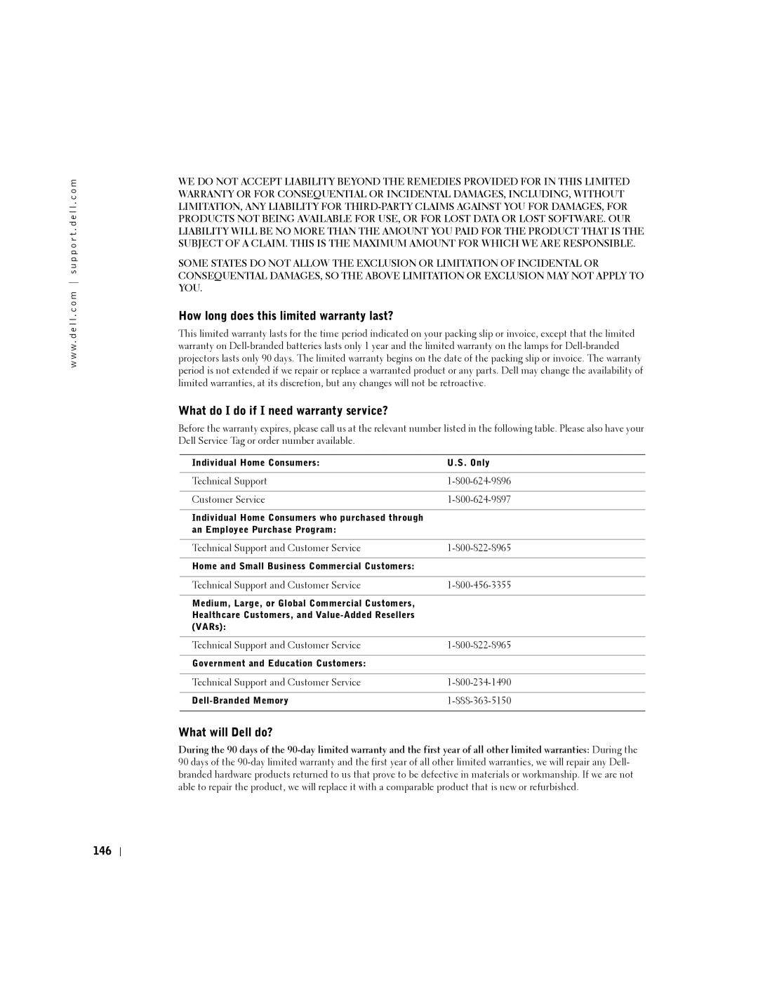 Dell PP08L How long does this limited warranty last?, What do I do if I need warranty service?, What will Dell do?, 146 