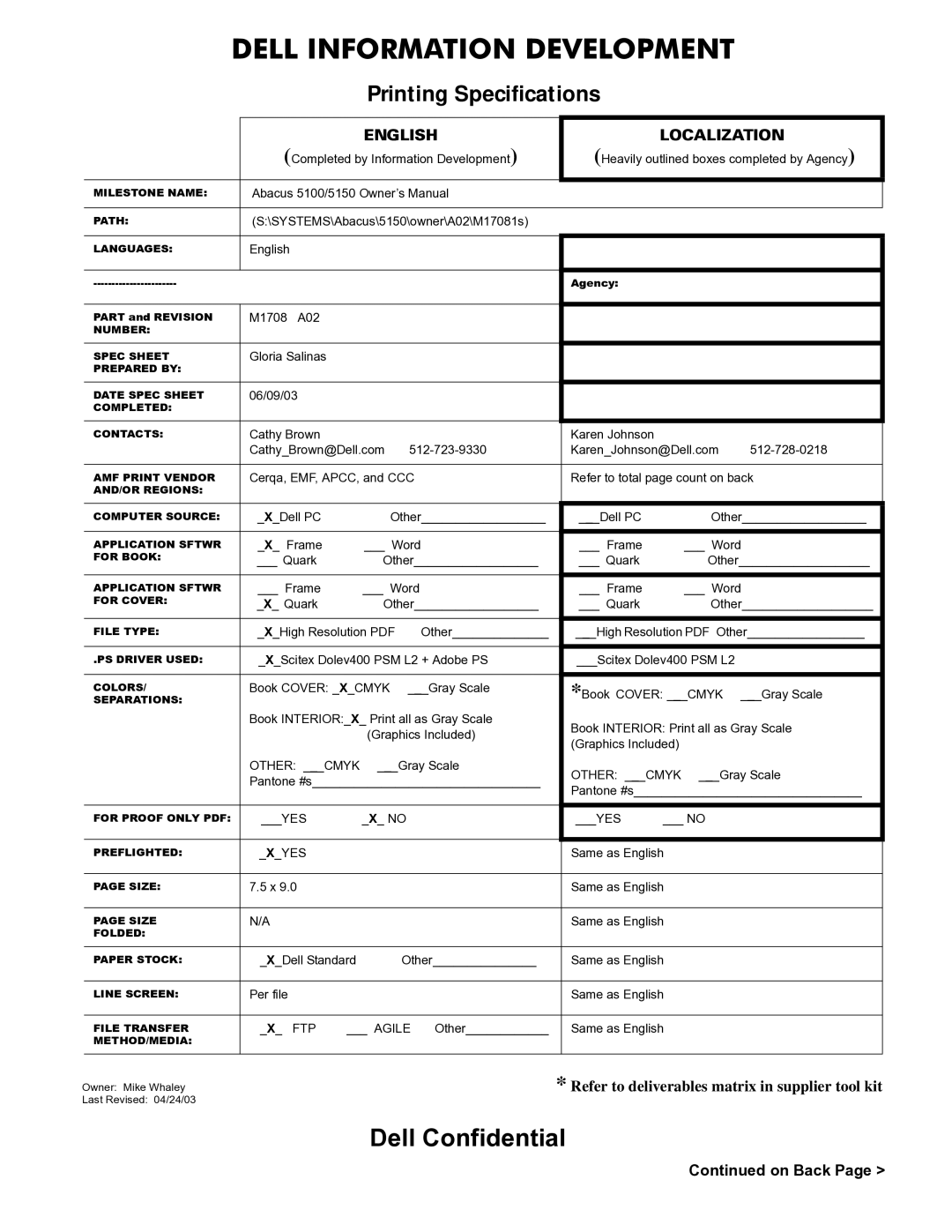 Dell 5100, 5150, PP08L, PP07L owner manual Dell Information Development, On Back 