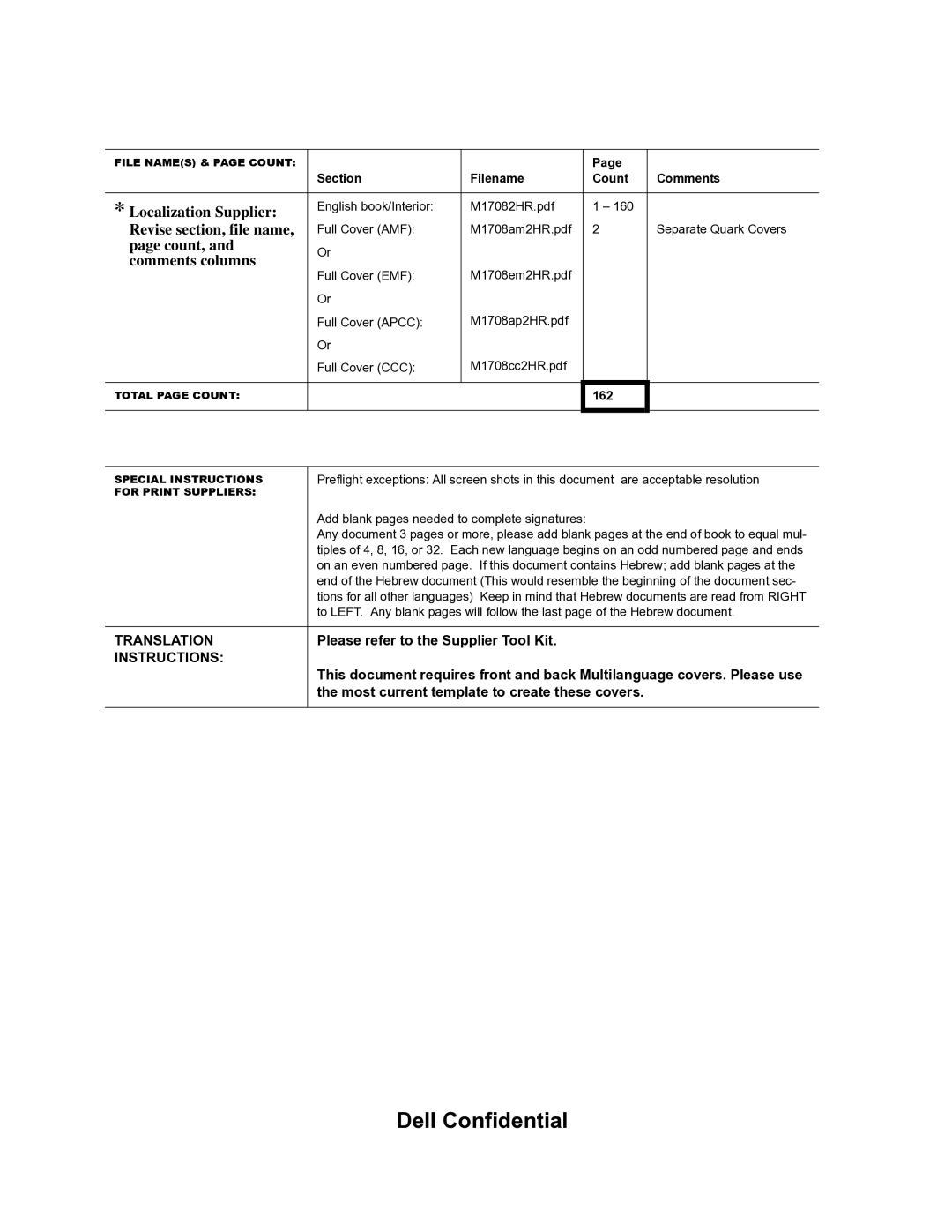 Dell PP08L, 5150, 5100, PP07L owner manual Count, Comments columns, Please refer to the Supplier Tool Kit 