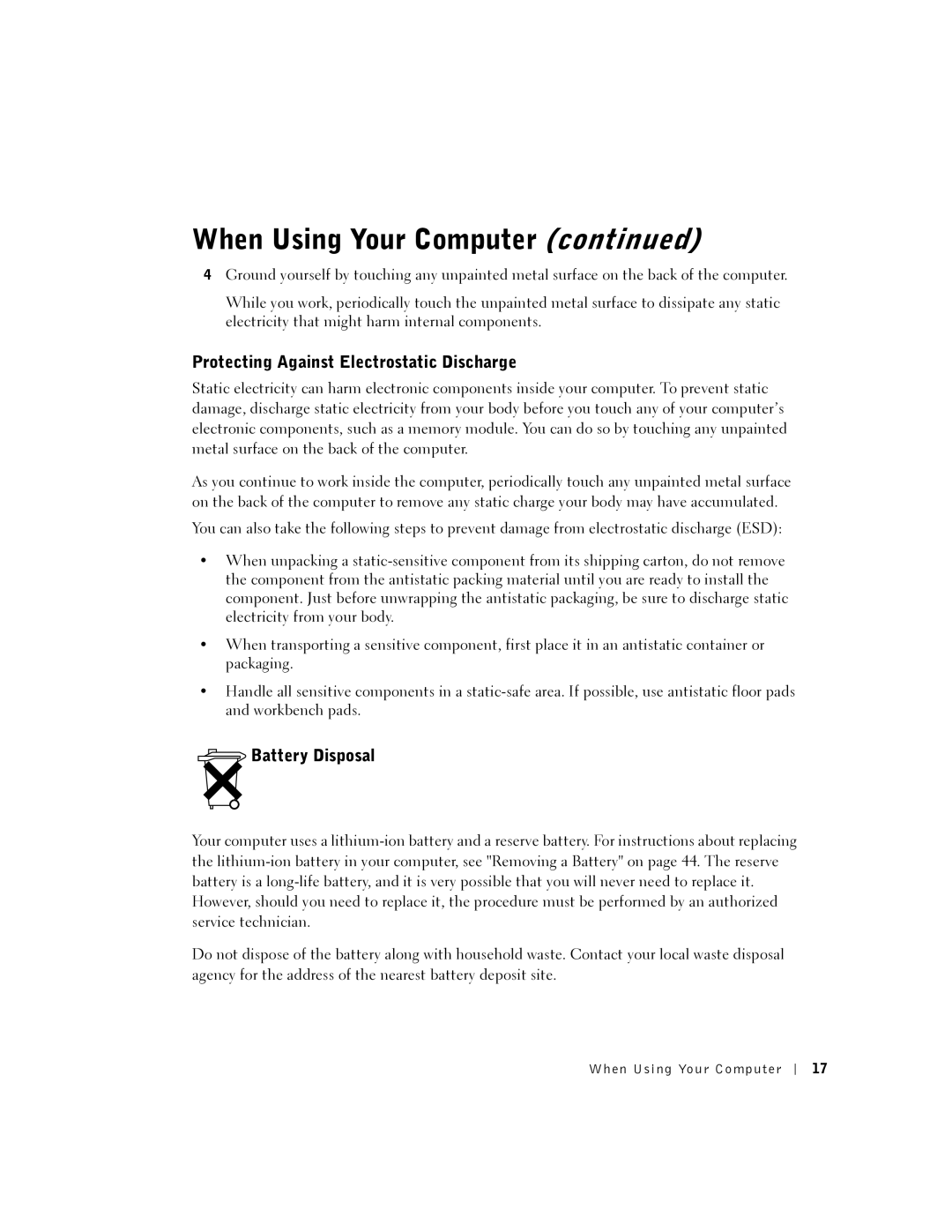 Dell 5100, 5150, PP08L, PP07L owner manual Protecting Against Electrostatic Discharge, Battery Disposal 