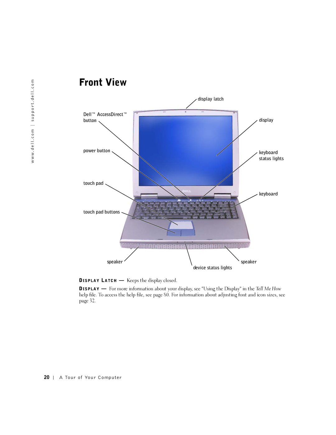 Dell 5150, 5100, PP08L, PP07L owner manual Front View, Display latch, Keyboard Speaker 