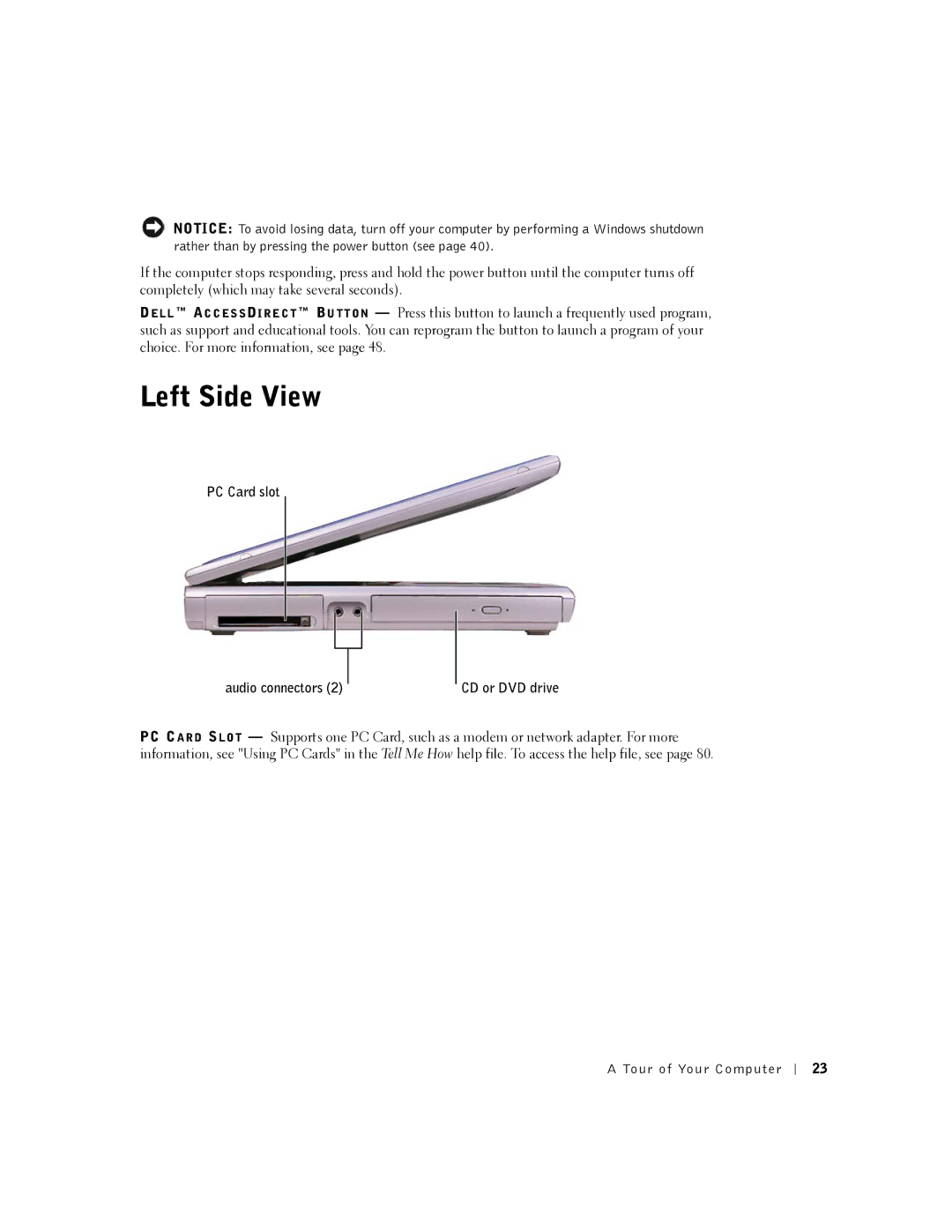 Dell PP07L, 5150, 5100, PP08L owner manual Left Side View, PC Card slot Audio connectors 2CD or DVD drive 