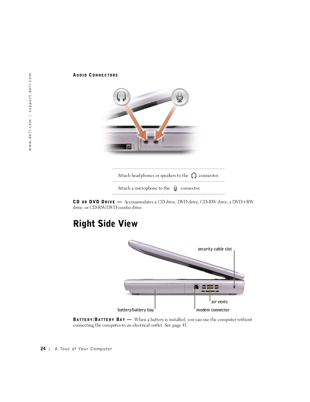 Dell 5150, 5100, PP08L, PP07L owner manual Right Side View, Security cable slot, Battery/battery bay 