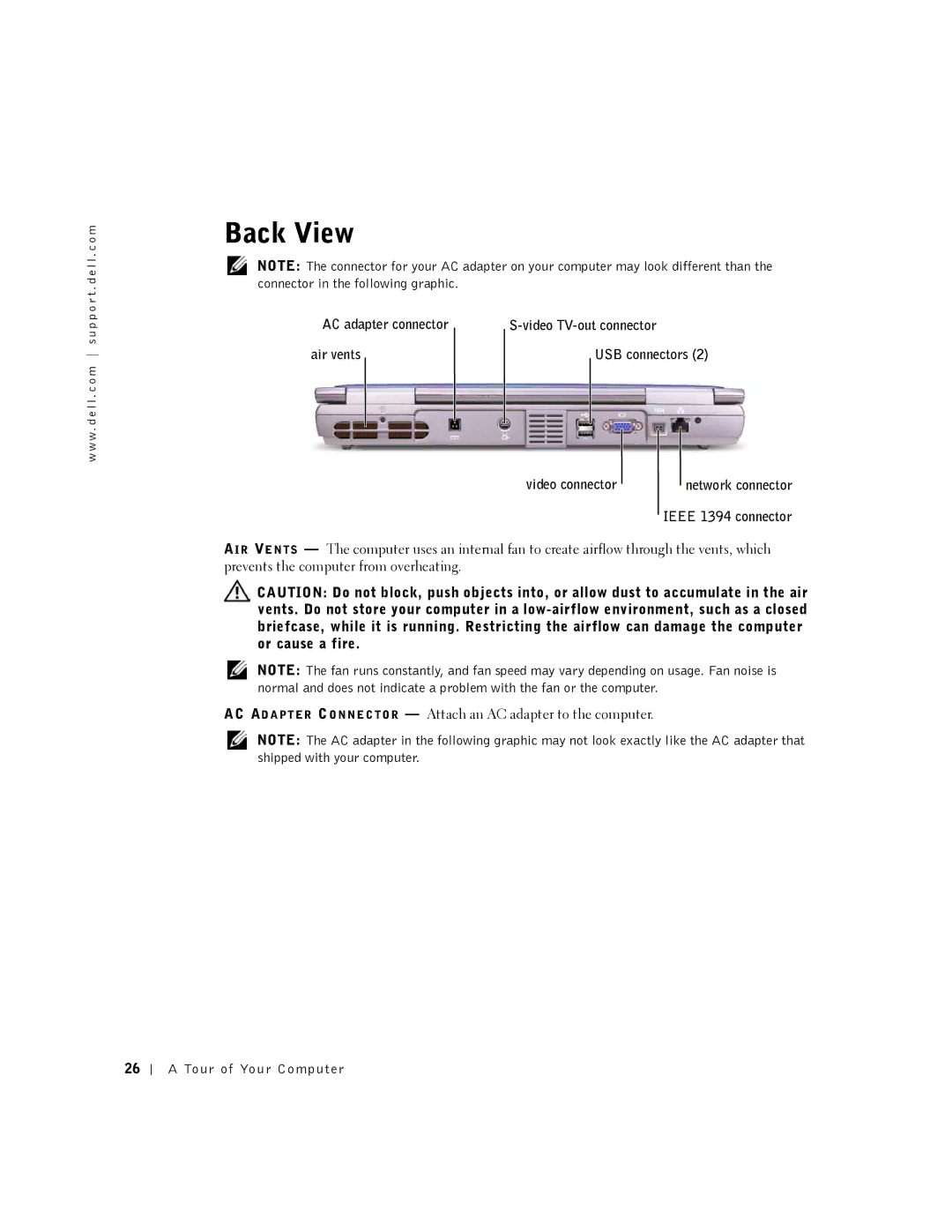 Dell PP08L, 5150, 5100 Back View, AC adapter connector Video TV-out connector Air vents, Video connector Network connector 