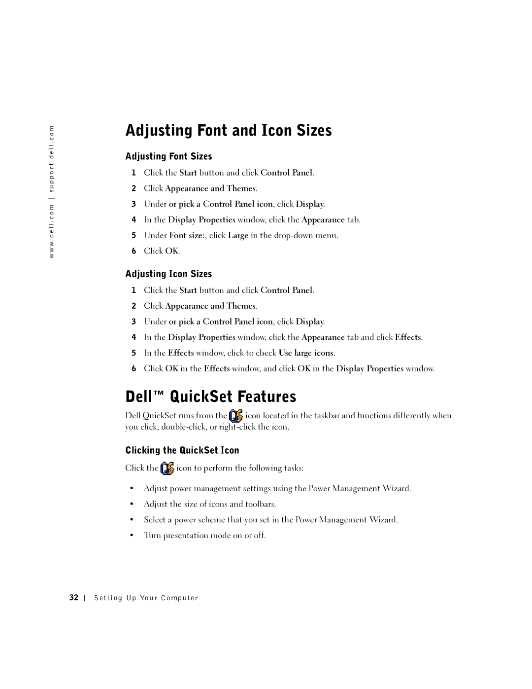 Dell 5150, 5100, PP08L Adjusting Font and Icon Sizes, Dell QuickSet Features, Adjusting Font Sizes, Adjusting Icon Sizes 