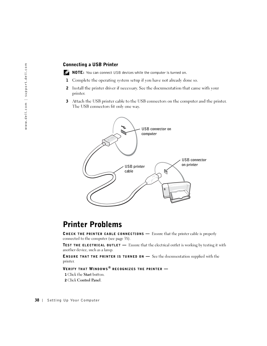 Dell PP08L, 5150, 5100 Printer Problems, Connecting a USB Printer, USB connector on computer, USB printer On printer Cable 