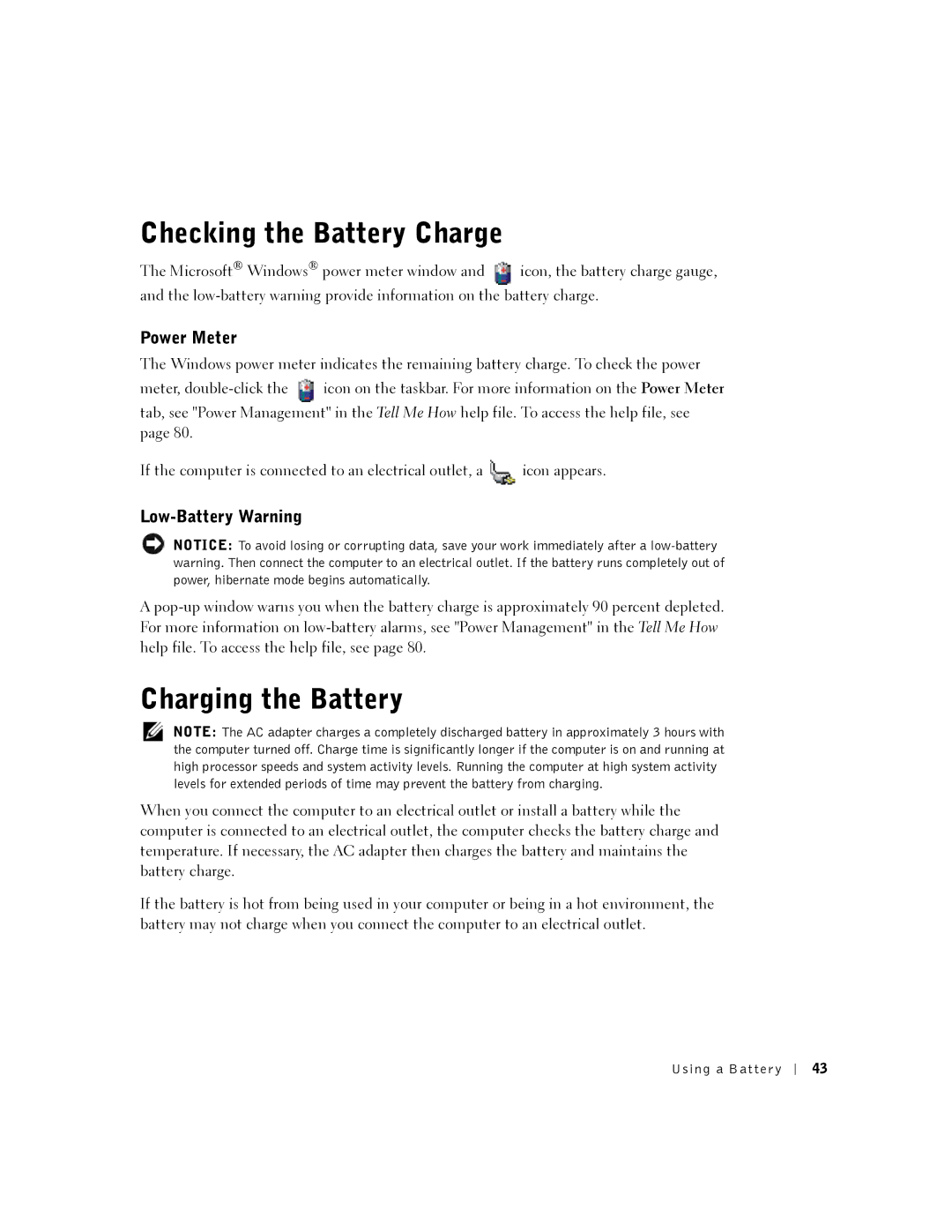 Dell PP07L, 5150, 5100, PP08L owner manual Checking the Battery Charge, Charging the Battery, Power Meter, Low-Battery Warning 