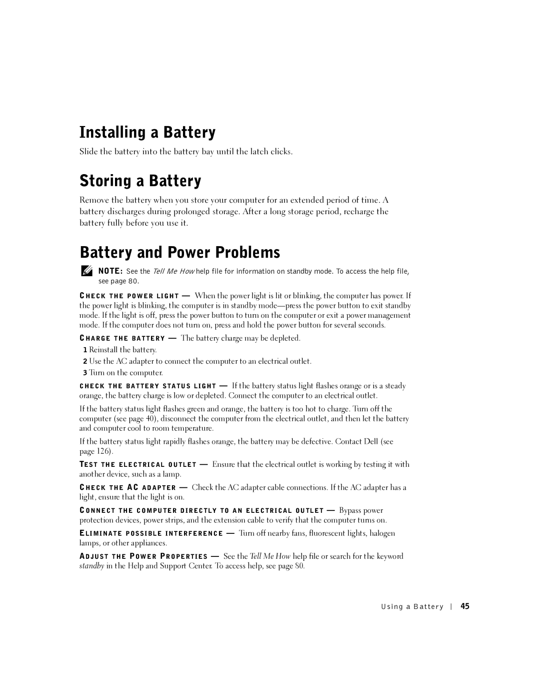 Dell 5100, 5150, PP08L, PP07L owner manual Installing a Battery, Storing a Battery, Battery and Power Problems 