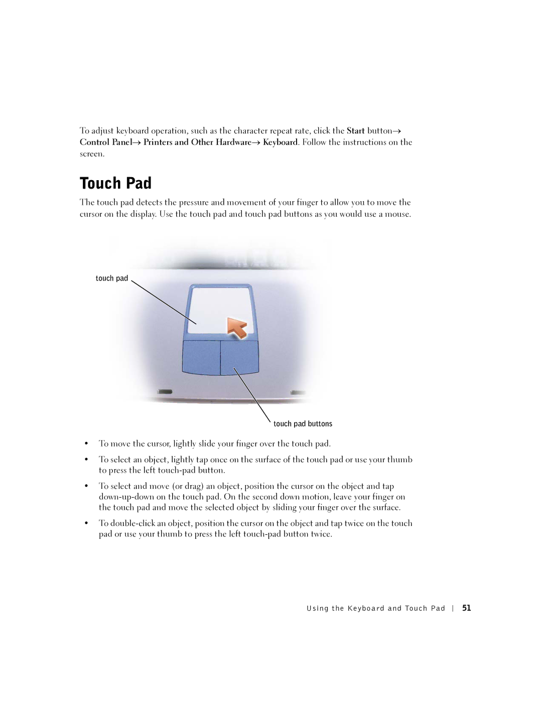 Dell PP07L, 5150, 5100, PP08L owner manual Touch Pad, Touch pad Touch pad buttons 