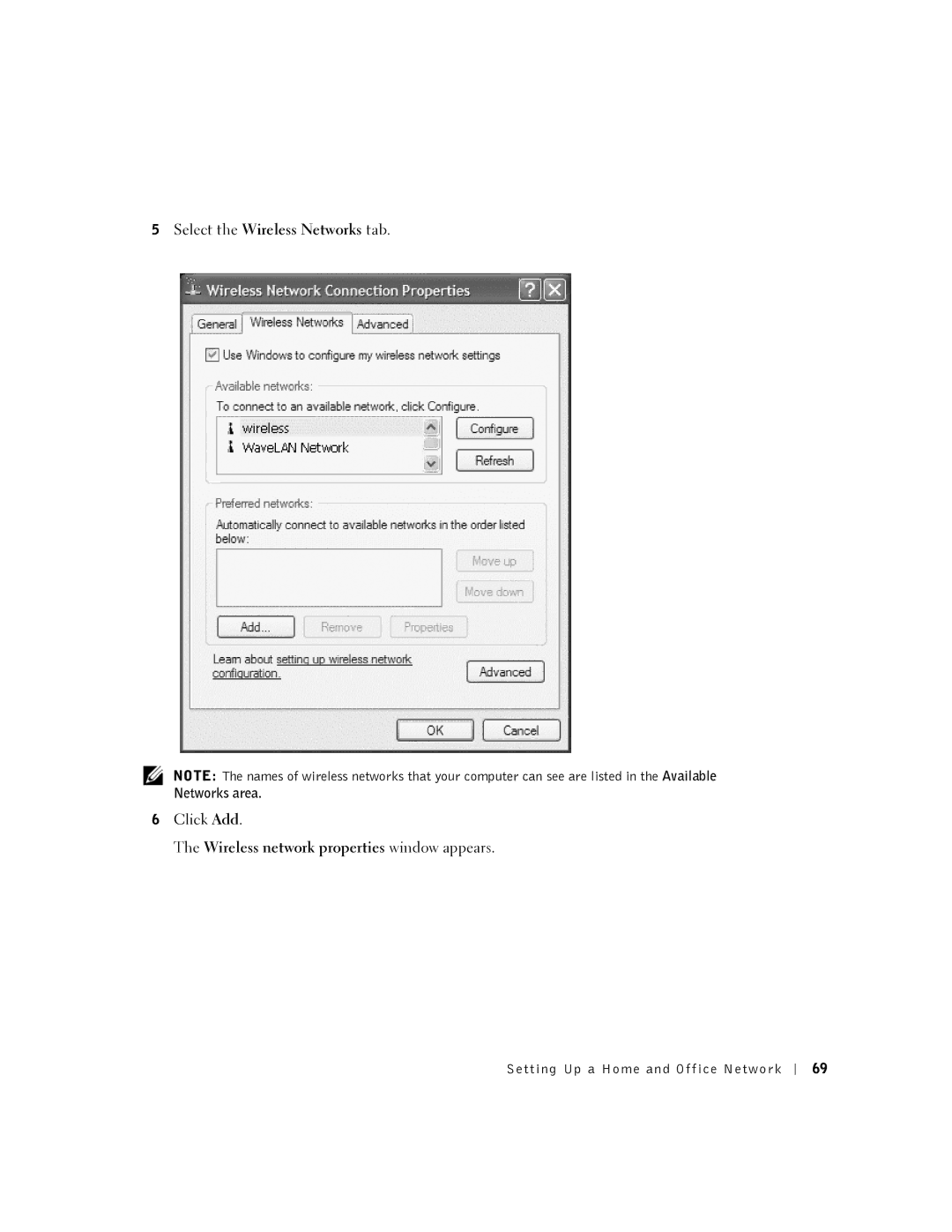 Dell 5100, 5150, PP08L, PP07L owner manual Wireless network properties window appears, Networks area 