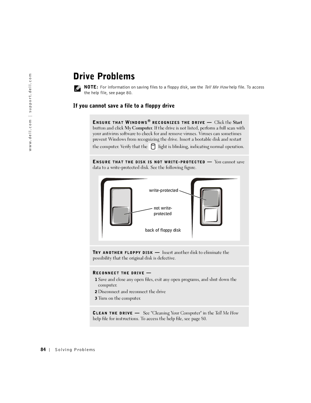 Dell 5150, 5100, PP08L Drive Problems, If you cannot save a file to a floppy drive, Write-protected, Back of floppy disk 