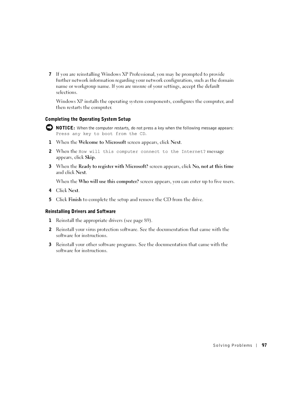 Dell 5100, 5150, PP08L, PP07L owner manual Completing the Operating System Setup, Reinstalling Drivers and Software 