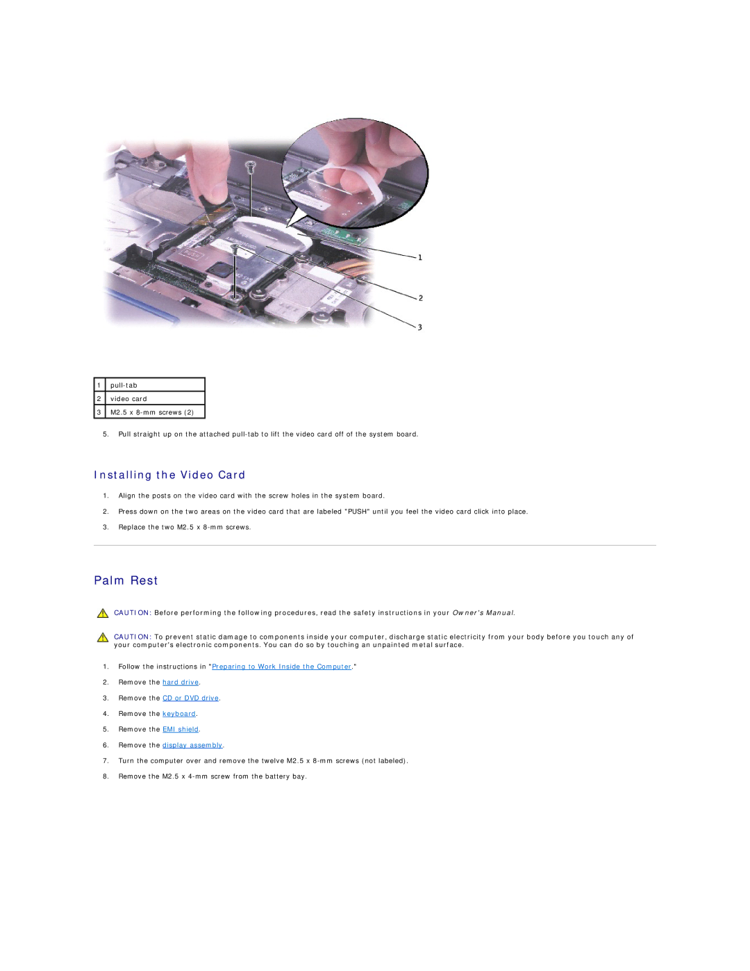 Dell 5100, 5150 manual Palm Rest, Installing the Video Card 