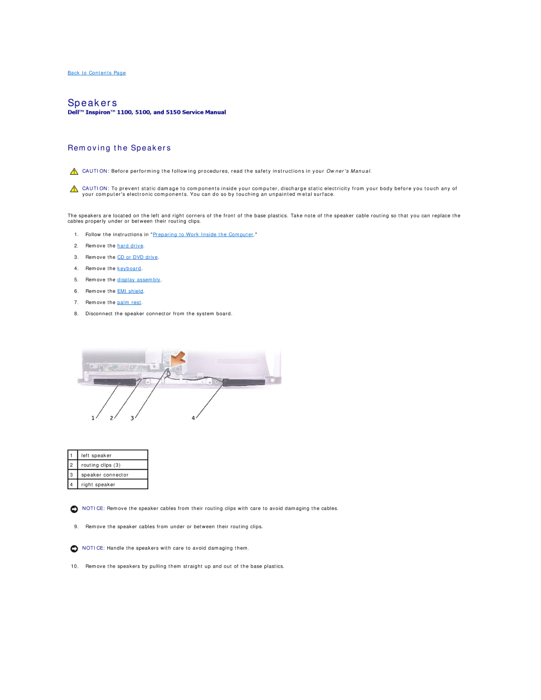 Dell 5100, 5150 manual Removing the Speakers 