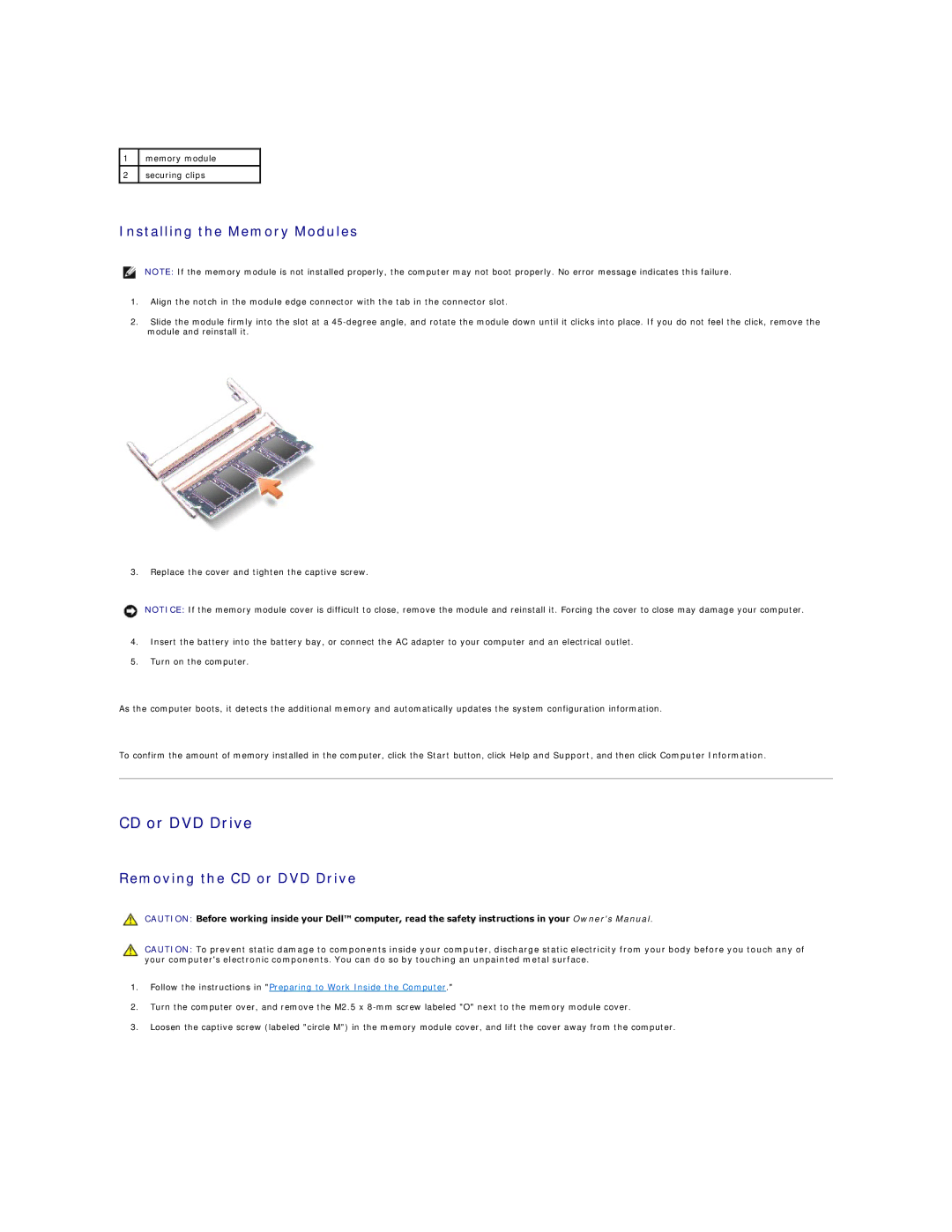 Dell 5150, 5100 manual Installing the Memory Modules, Removing the CD or DVD Drive 