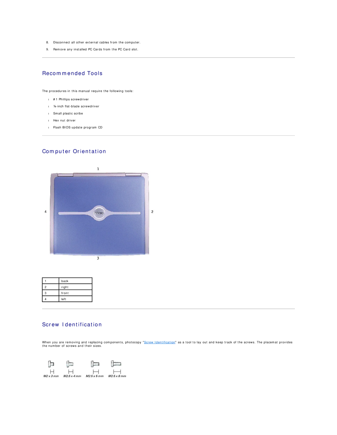 Dell 5150, 5100 manual Recommended Tools, Computer Orientation, Screw Identification 