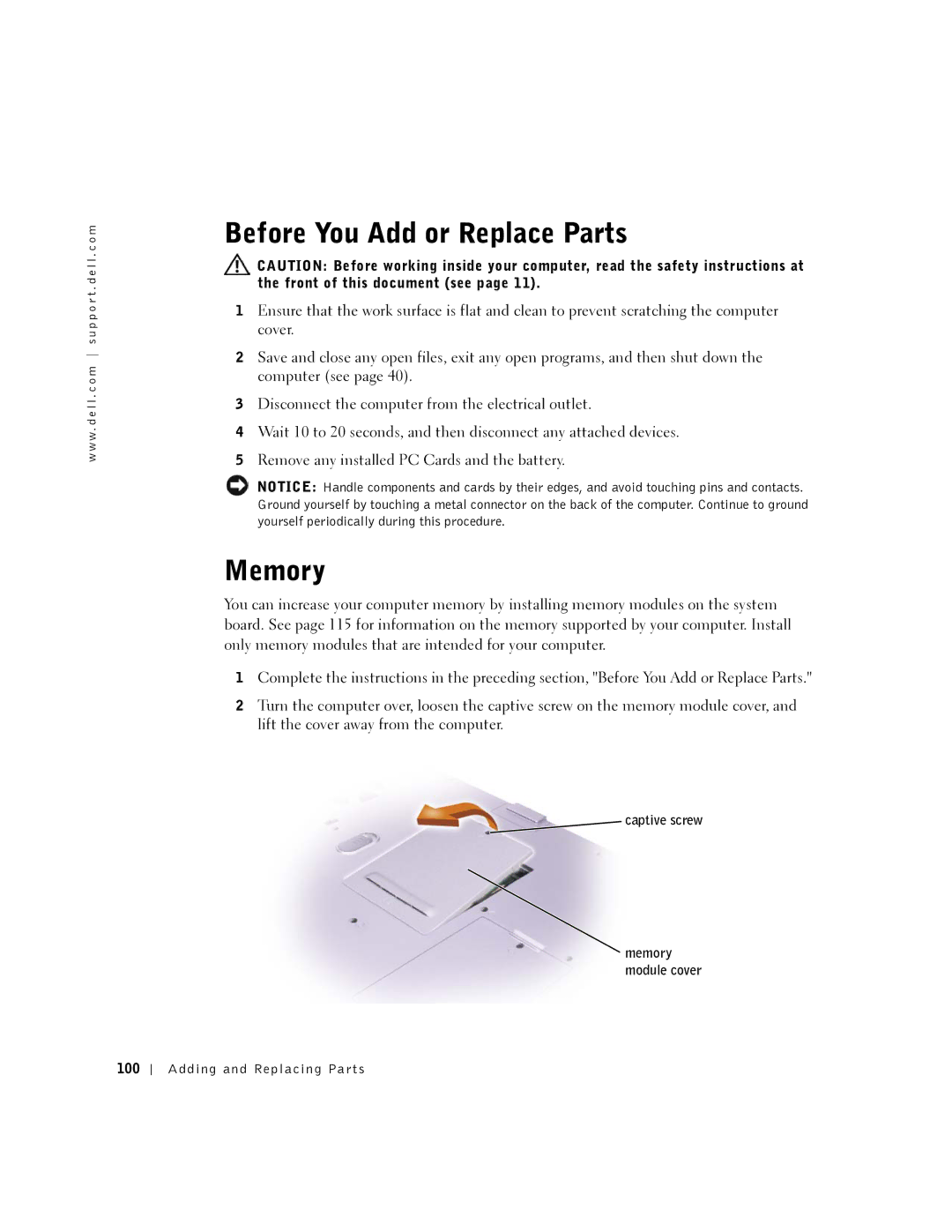 Dell 5150, 5100 manual Before You Add or Replace Parts, Memory, Captive screw 