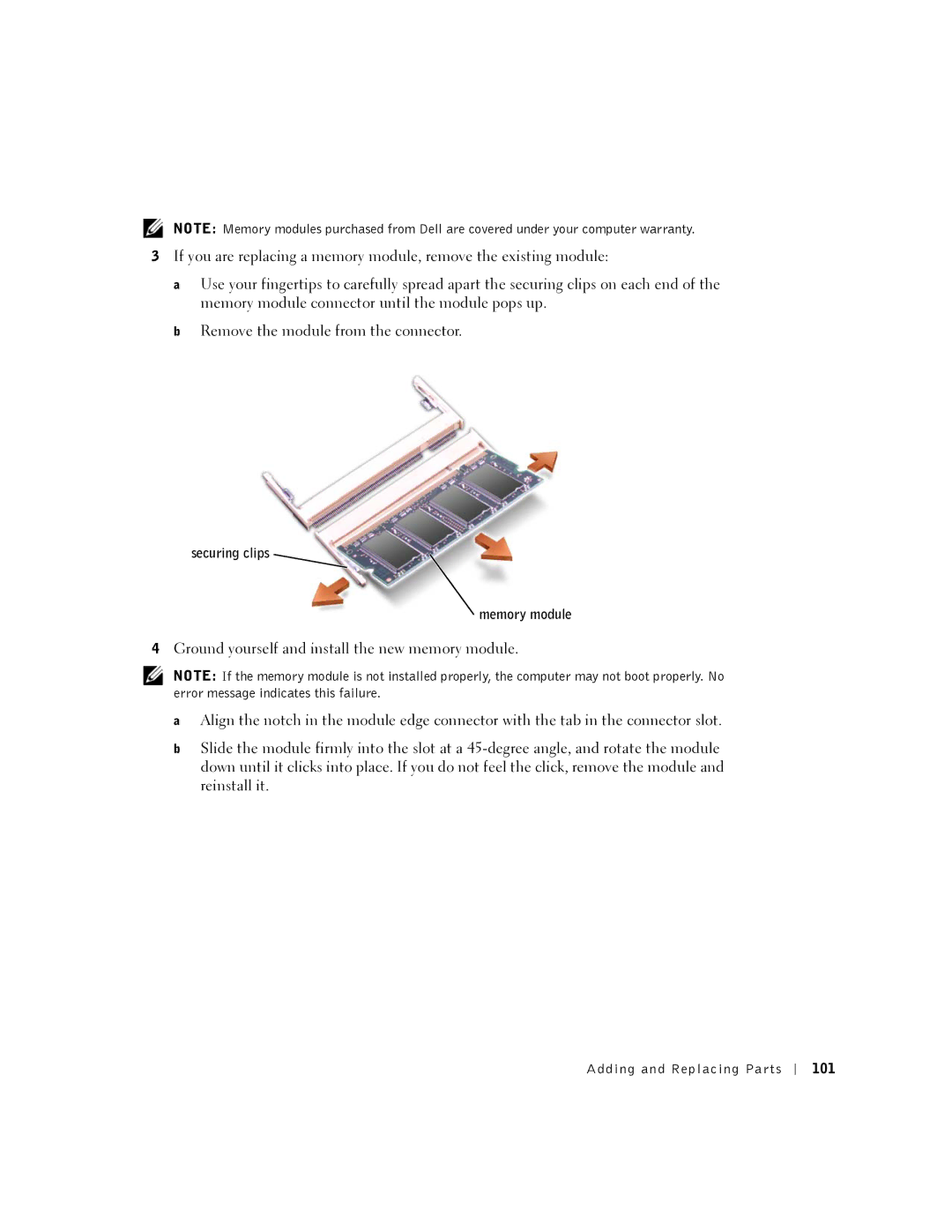 Dell 5100, 5150 manual Securing clips Memory module, 101 