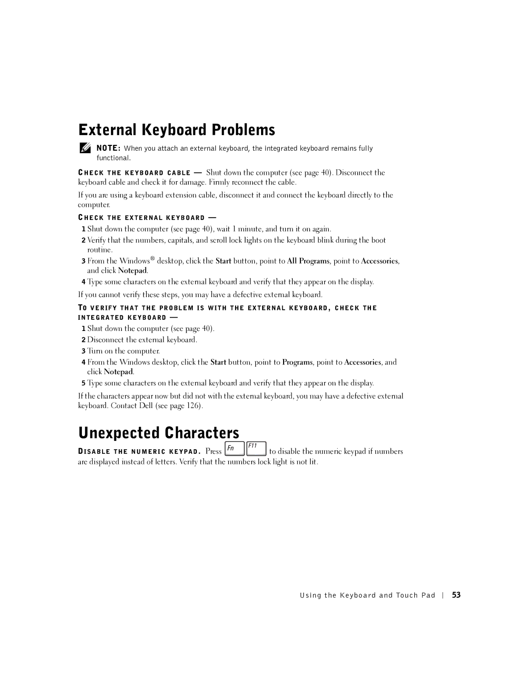 Dell 5100, 5150 manual External Keyboard Problems, Unexpected Characters 