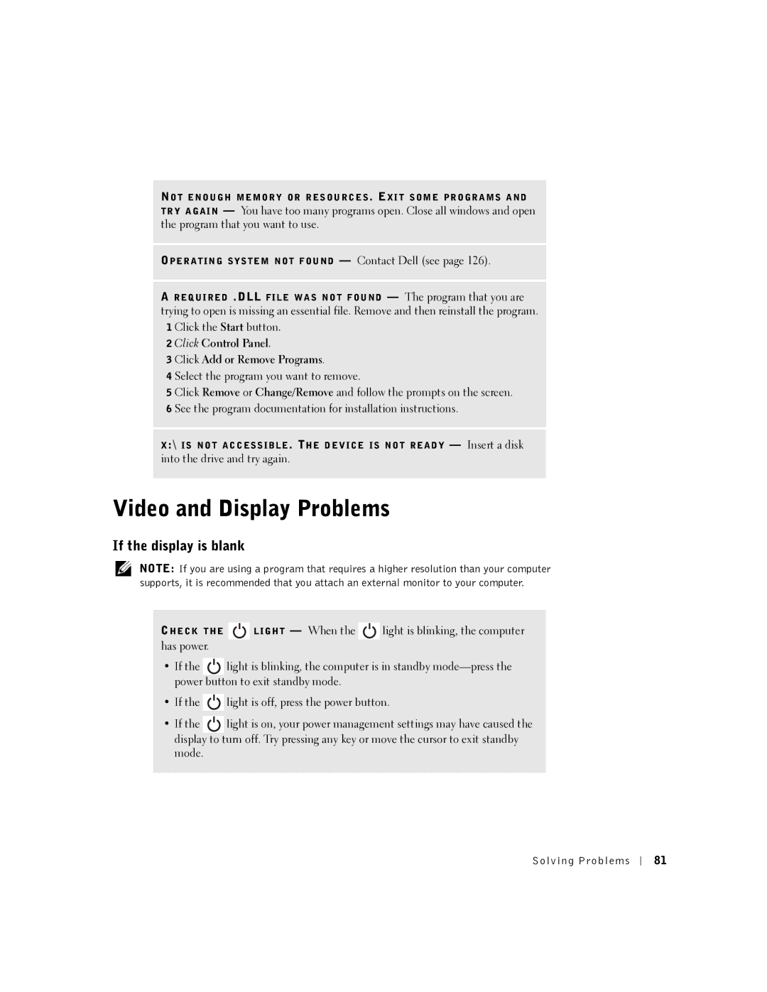 Dell 5100, 5150 manual Video and Display Problems, If the display is blank, Click Control Panel Click Add or Remove Programs 