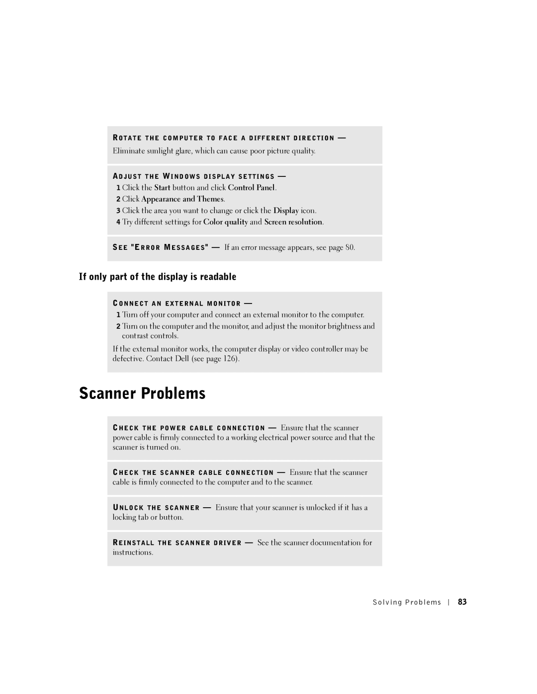 Dell 5100, 5150 manual Scanner Problems, If only part of the display is readable, Click Appearance and Themes 