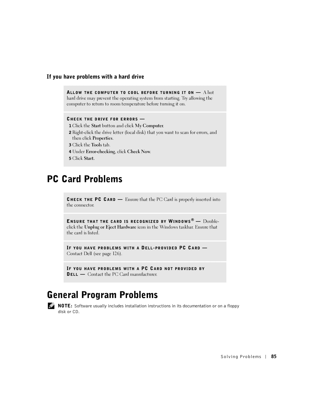 Dell 5100, 5150 manual PC Card Problems, General Program Problems, If you have problems with a hard drive 