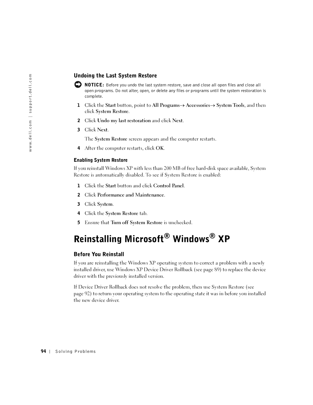 Dell 5150, 5100 manual Reinstalling Microsoft Windows XP, Undoing the Last System Restore, Before You Reinstall 