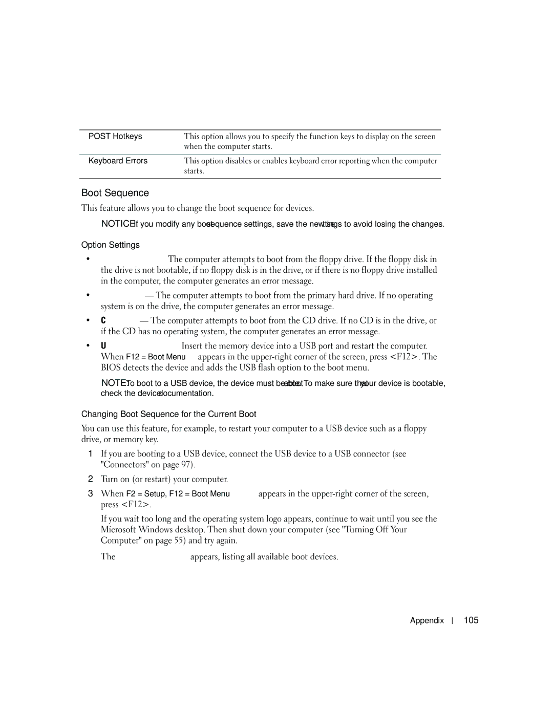 Dell 5150C owner manual Option Settings, Changing Boot Sequence for the Current Boot, 105 