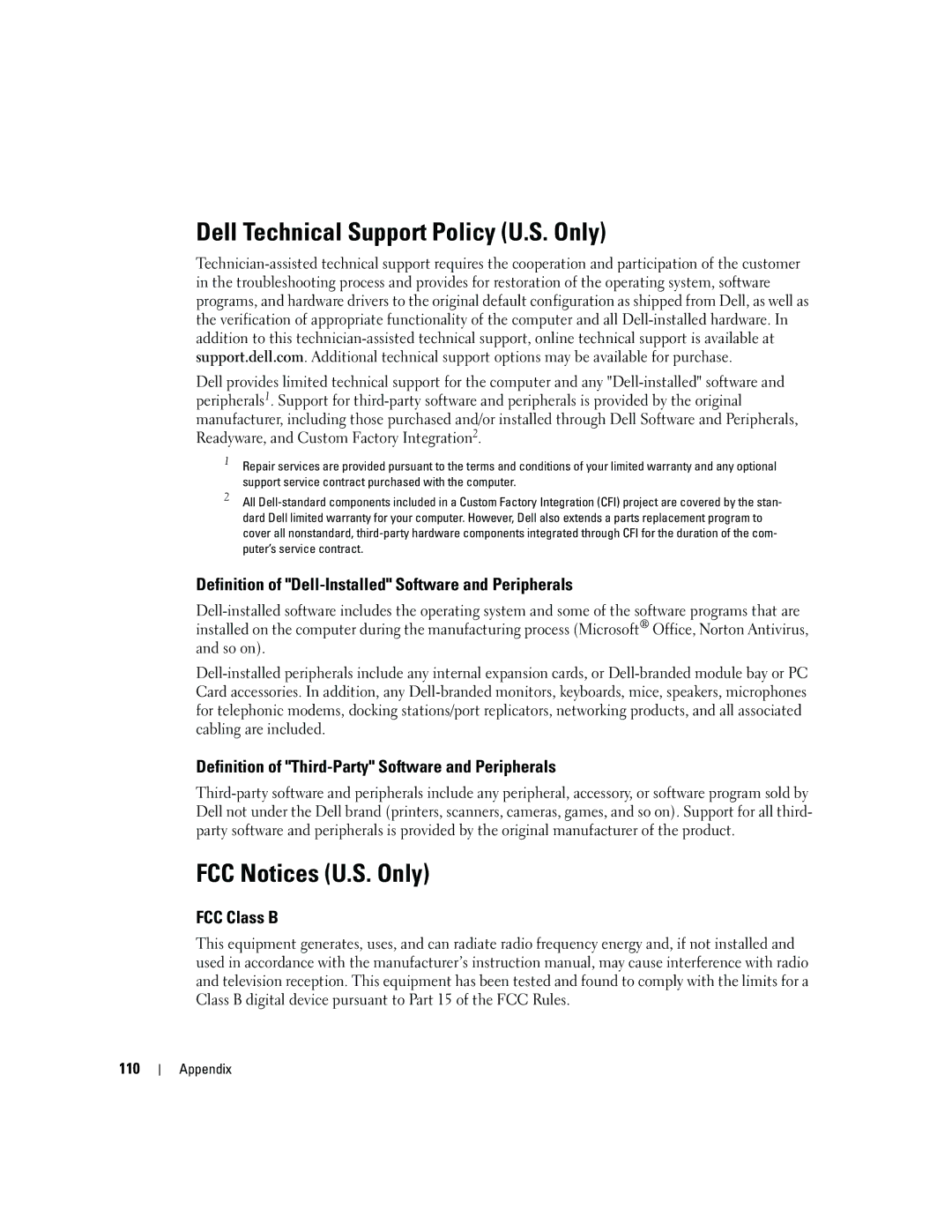 Dell 5150C owner manual Dell Technical Support Policy U.S. Only, FCC Notices U.S. Only, FCC Class B 