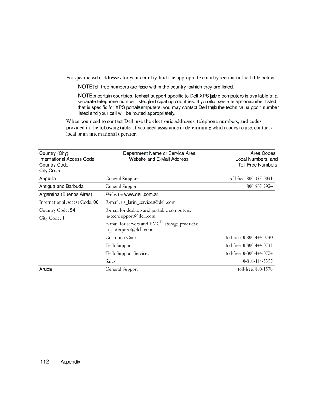 Dell 5150C owner manual 112, Toll-free, Antigua and Barbuda, Argentina Buenos Aires, Aruba 