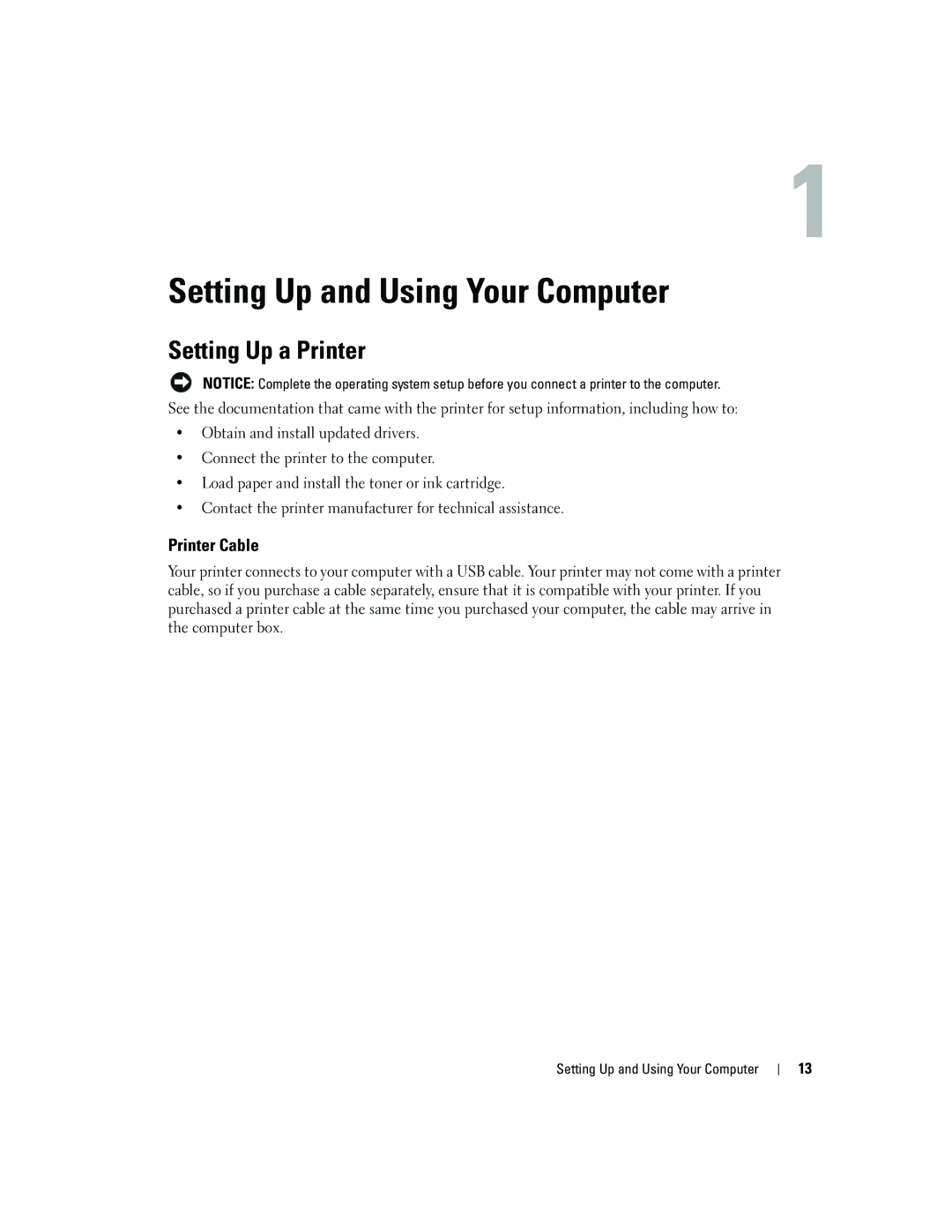 Dell 5150C owner manual Setting Up a Printer, Printer Cable, Setting Up and Using Your Computer 