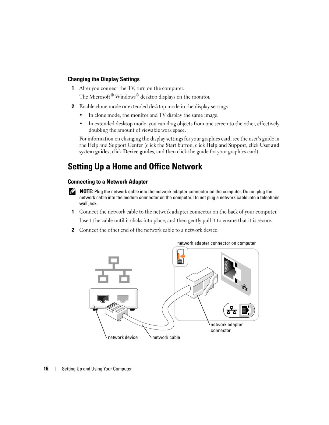 Dell 5150C Setting Up a Home and Office Network, Changing the Display Settings, Connecting to a Network Adapter 